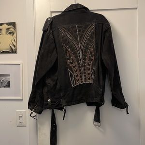 Kooples Embroidered Beaded Biker Moto Denim Jacket